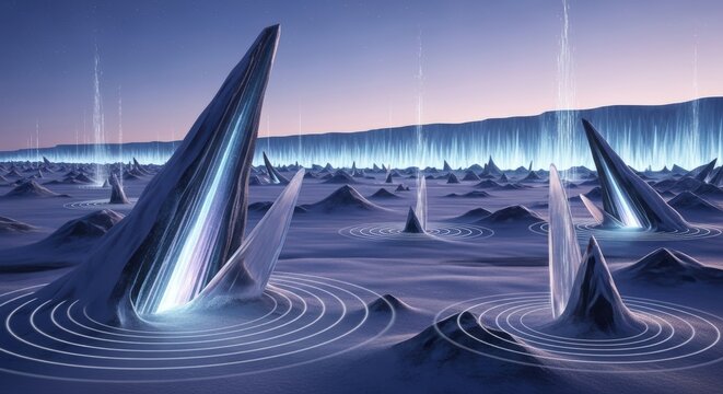 An alien landscape with sharp, crystalline formations emitting beams of light into a pastel sky. - Powered by Adobe