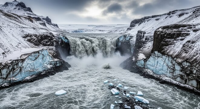 Powerful waterfall cascading through a snow-covered canyon with ice formations on the sides.