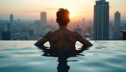 Man swims in rooftop infinity pool looking at city skyline during sunset. Person enjoys travel vacation at luxury hotel spa. Male relaxing in tranquil water on holiday. Urban wellness lifestyle.