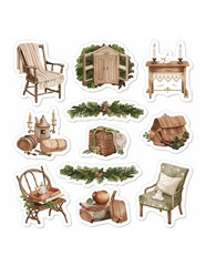 Collection of cozy rustic home decor elements including wooden furniture baskets and evergreen foliage