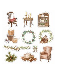 Cozy winter and Christmas decorative elements including furniture candles wreaths and rustic kitchenware