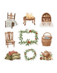 Watercolor style cozy winter holiday home decor stickers featuring wooden chairs candles wreaths and a teapot