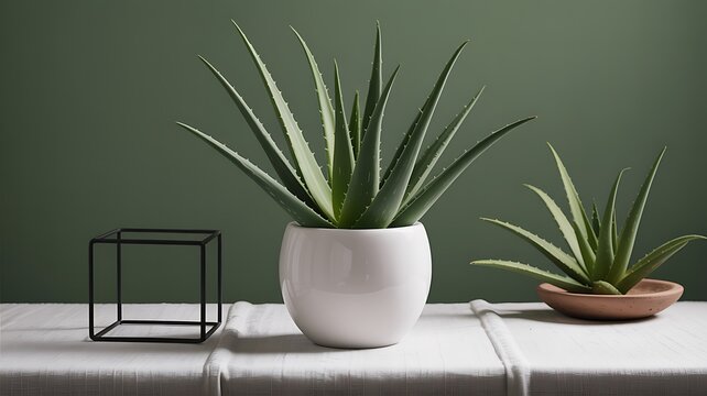 Aloe vera plants in pots on minimalist table for natural home interior decor