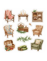 Watercolor collection of rustic home decor elements including wooden chairs baskets candles and greenery