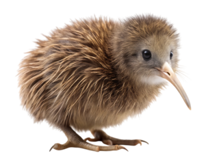 A fluffy, adorable baby kiwi bird, also known as a kiwi chick, is shown isolated on a clean transparent background, highlighting its unique features and endearing appearance