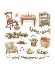 Watercolor style autumn harvest elements including furniture baskets foliage and gourds