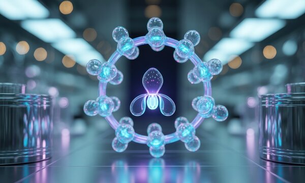 A glowing, translucent molecule, encircled by a crystalline structure, in a futuristic laboratory setting - Powered by Adobe