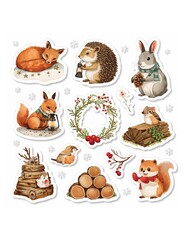 Adorable woodland animals stickers featuring a fox hedgehog rabbit squirrel and winter decorations