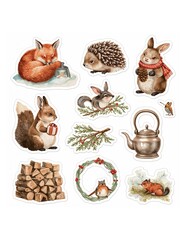 Collection of cute watercolor woodland animal stickers with winter forest elements