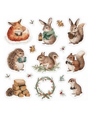 Watercolor woodland creatures stickers featuring fox rabbits squirrels hedgehog wood and winter wreath