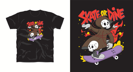 Skate or Dine Grim Reaper Skull Vector Illustration for T Shirt Designs and Prints Featuring Skateboarding Theme and Creative Visuals for Apparel and Graphic Design Projects