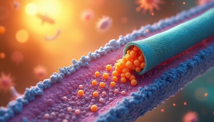 Blue tube releases orange spheres onto textured pink membrane surface. Represents complex cellular transport, molecules moving across cell walls. Microscopic structures interact in dynamic biological