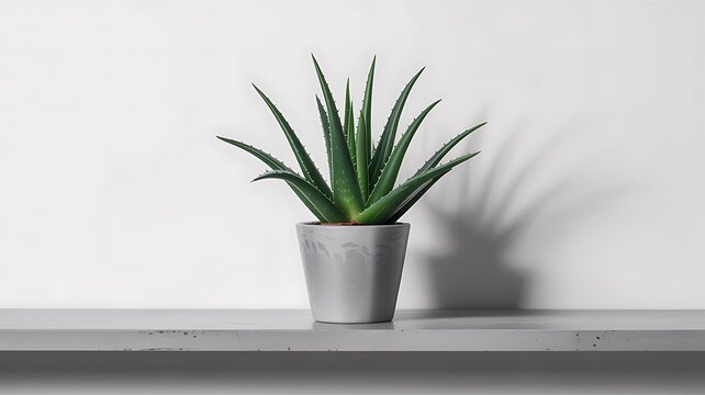 Aloe vera plant in white pot on minimalist shelf for home decor and natural greenery
