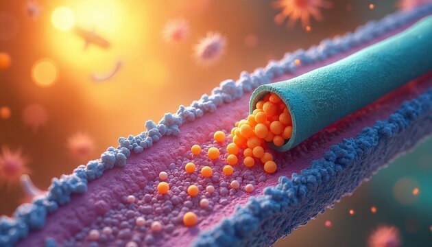 Blue tube releases orange spheres onto textured pink membrane surface. Represents complex cellular transport, molecules moving across cell walls. Microscopic structures interact in dynamic biological