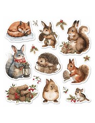 Watercolor winter woodland animal stickers featuring fox rabbits squirrels and hedgehog illustrations