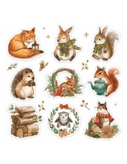 Watercolor woodland animal stickers featuring fox rabbits squirrels hedgehog and log pile