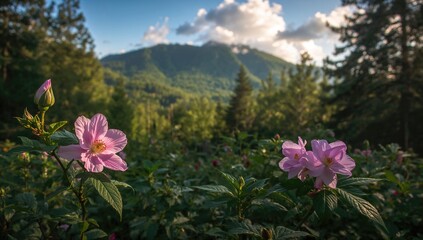 Obraz premium Wild rose blooming in garden, showcasing seasonal change