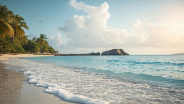 Tranquil ocean scene with gentle waves and rocky shoreline, ideal for relaxation and vacation planning