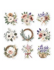 Collection of nine watercolor style floral arrangement stickers featuring roses lavender and wreaths