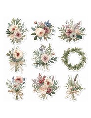 Nine watercolor floral bouquet and wreath stickers with muted pink cream and green foliage