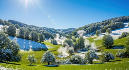 A beautiful winter landscape with snow-covered trees and green fields under a bright sun.