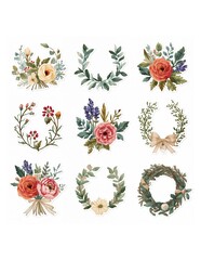 Watercolor floral bouquets and various green leafy wreaths with soft color accents isolated on white