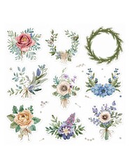 Watercolor floral arrangements wreaths and bouquets with small decorative beads scattered around