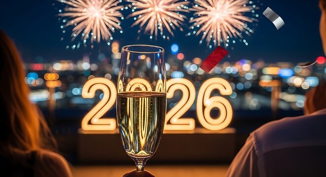 Celebrating 2026 with champagne and fireworks over the city skyline