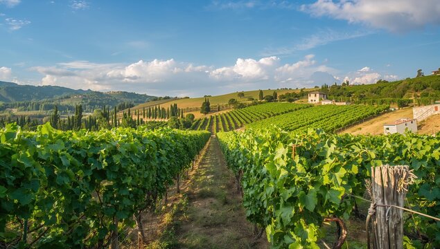 Vineyard landscape with rows of grapevines, showcasing agricultural practices, Earth Day