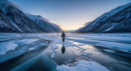 A lone figure walks across a frozen, icy landscape with snow-capped mountains under a clear, pale sky.