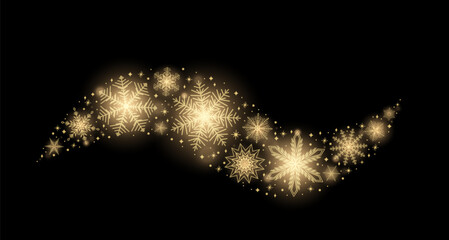 Gold snowflake border in wave shape vector illustration. Christmas winter pattern with shine glittering golden snowflakes, stars, dots. Isolated on black background