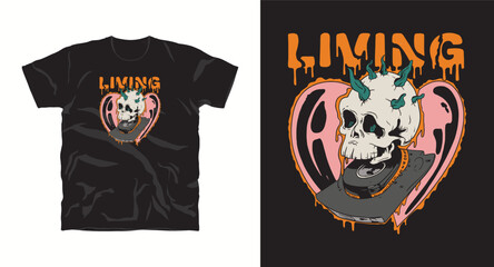 Fototapeta premium Living Dead Skull with Turntable Design Spooky Horror Artwork for T Shirt Print Apparel Fashion Graphic Style Design Vector Illustration Template Exactly 200 Chr