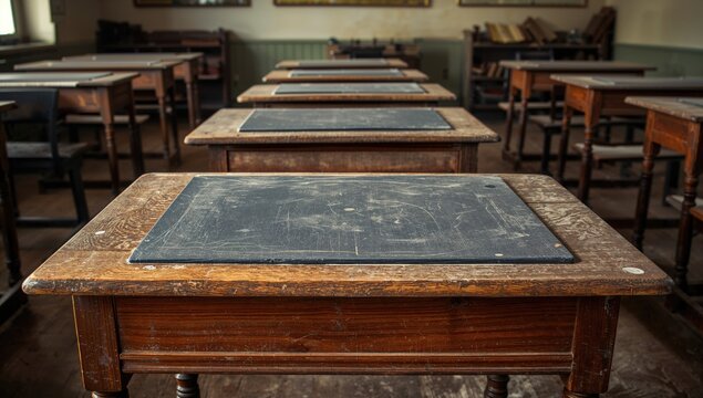 Row of Wooden Desks with Slates, Emphasis on the Front One