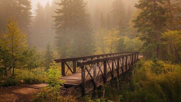Journey Across a Weathered Timber Bridge on a Misty Afternoon, Seasonal Change