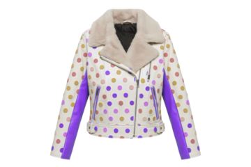 Stylish white leather biker jacket with purple accents and floral pattern isolated on transparent background