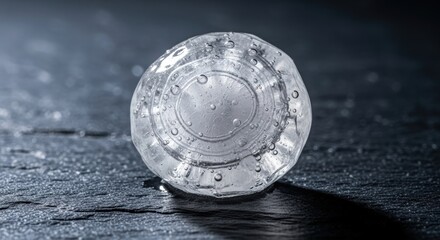 A close-up, macro shot of a perfectly spherical, clear ice ball with tiny air bubbles trapped inside, resting on a dark, wet, textured surface.