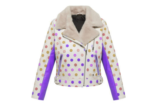 Stylish white leather biker jacket with purple accents and floral pattern isolated on transparent background