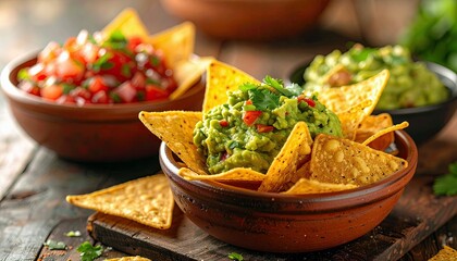 A delicious spread of tortilla chips served with fresh guacamole and salsa, perfect for a party or snack.