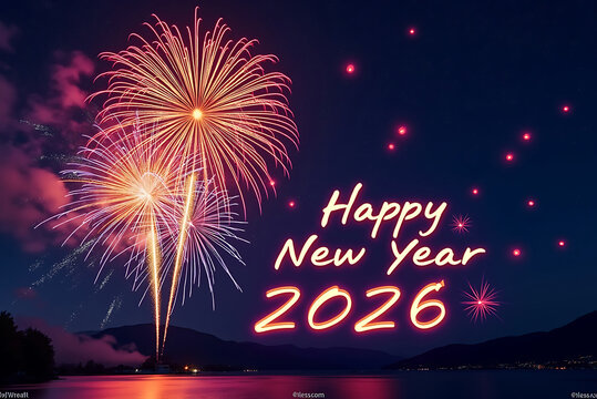 Happy new year 2026 celebration with bursting fireworks over lake reflecting lights at tranquil night atmosphere - Powered by Adobe