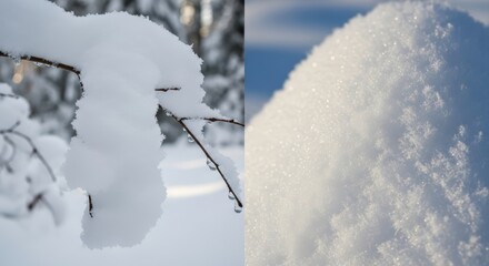 Close-up of snow-covered branches and a pile of fresh snow in a winter forest setting.