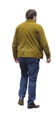 Homme vu de dos à la corpulence légèrement forte marchant en veste moutarde, pantalon bleu et chaussures en cuir, attitude décontractée, promenade de début  d'automne