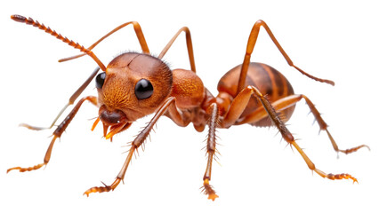 Closeup macro photograph of a red ant with detailed features, isolated on a transparent background, showcasing its segmented body, antennae, and legs in sharp focus