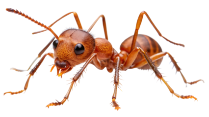 Closeup macro photograph of a red ant with detailed features, isolated on a transparent background, showcasing its segmented body, antennae, and legs in sharp focus