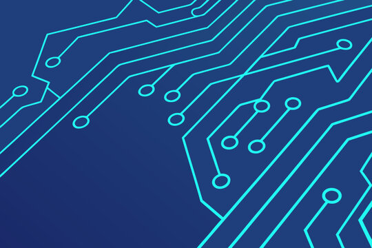 Graphic of a printed circuit board with bright blue conductive traces and circular connection pads on a dark blue background.