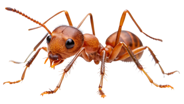 Closeup macro photograph of a red ant with detailed features, isolated on a transparent background, showcasing its segmented body, antennae, and legs in sharp focus