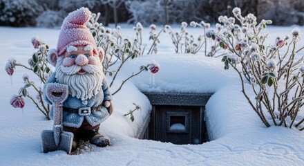 A garden gnome stands guard in the snow next to a small burrow entrance.