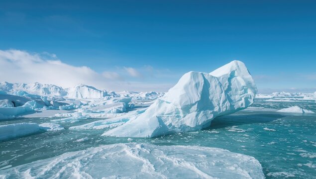 Pristine white ice formations and icebergs in Antarctica, highlighting seasonal change