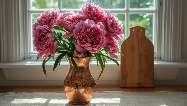 Vibrant pink peonies arranged in a vintage copper vase beside a sunlit window, enhancing natural beauty and summer ambiance - Powered by Adobe