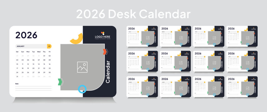 Customizable trendy desk calendar 2026 template, corporate desk calendar schedule 2026 monthly 12-page planner layout, Modern 2026 Desk Calendar Template