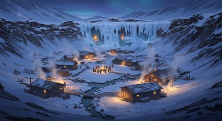 A cozy village nestled in a snowy valley with a frozen waterfall and the aurora borealis illuminating the night sky.